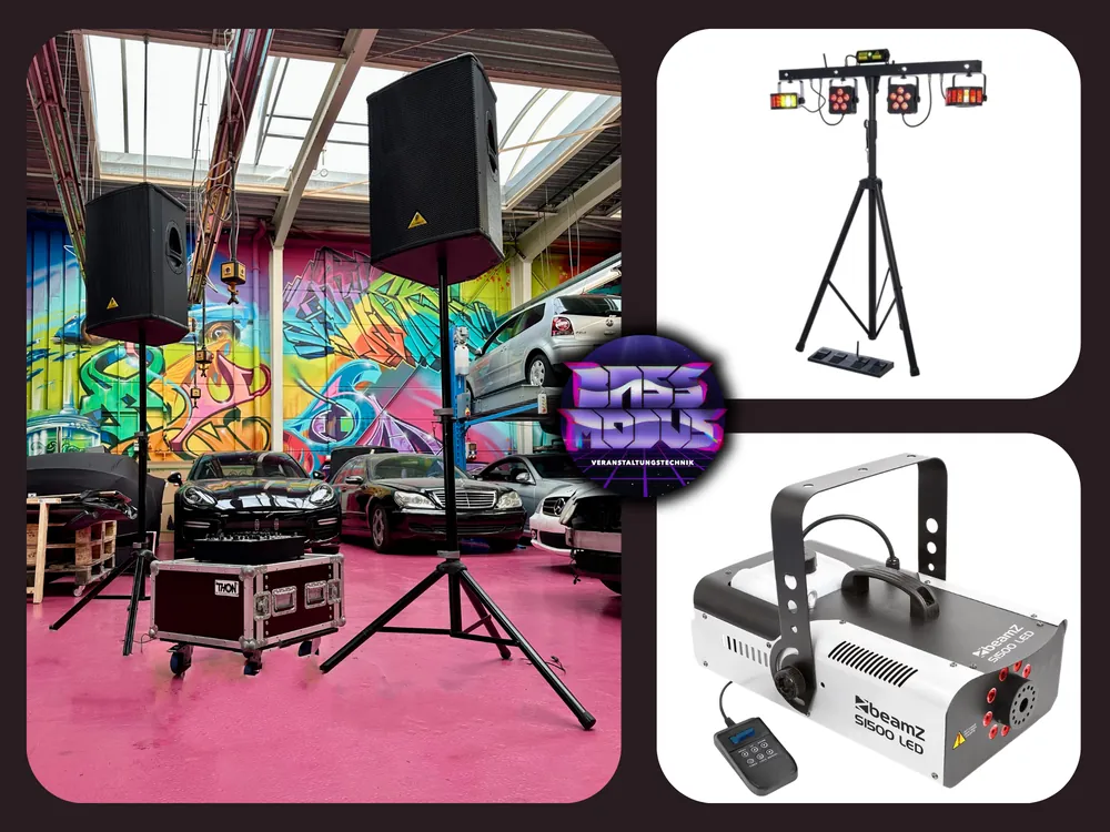 Komplett-Paket M mit zwei Lautsprechern, Partylicht und Nebelmaschine